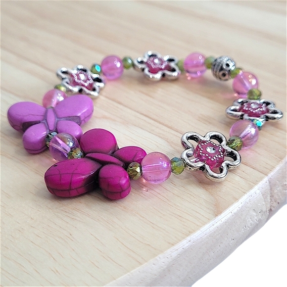 Hand Crafted Butterflies Beaded Bracelet Pink and Purple Stretch Size 7.5" - Picture 5 of 6